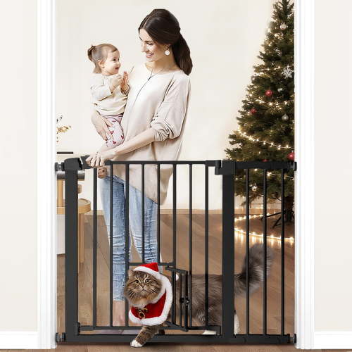 Pet Safety Gate, Caveen 29.5''-40.5''Wide Pet Safety Gate with Cat Door, Black