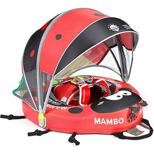 Mambobaby Baby Pool Float with Canopy, Non-Inflatable Infant Swim Float with Safe Seat and Tail Support for 3-24 Months, UPF 50+ Sun Protection
