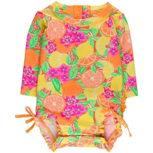 RuffleButts Baby Girls UPF 50+ Sun Protection Floral Printed Long Sleeve One Piece Rash Guard Swimsuit with Zipper
