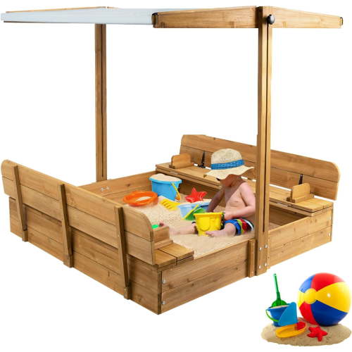 PETSCOSSET Wooden Sandbox with Lid, Outdoor Sand Box, 2 Foldable Seats for Kids