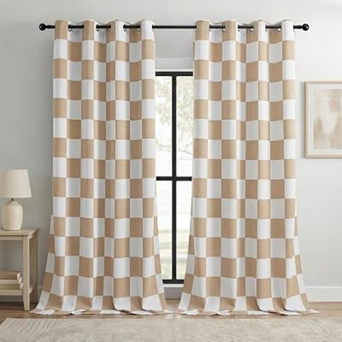 100% Blackout Checkered Curtains – 2 Panels, Each W52×L84, Thermal Insulated, Nosie Reducing for Bedroom, Modern Beige and White Checkerboard Design