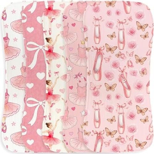 5pcs Ballerina Burp Cloths for Baby Girls Parent,100% Cotton Ballerina Themed Ballet Shoes Bowknot Ballet Danceer Tutu Dress Muslin Baby Burping Cloths for Infant Newborns