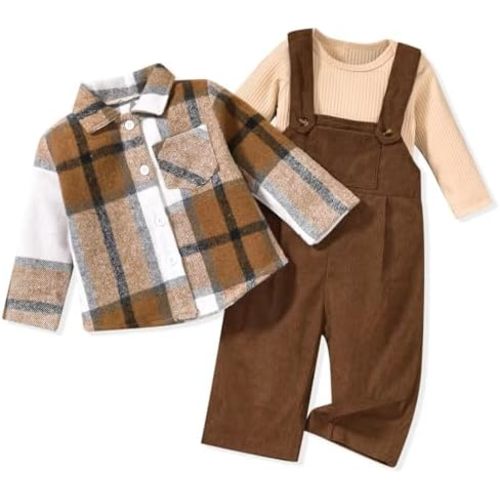 Unutiylo Toddler Baby Boy Clothes Set Infant Boy Overalls Outfit Fall Winter Long Sleeve Romper+Suspender Pants+Plaid Jacket