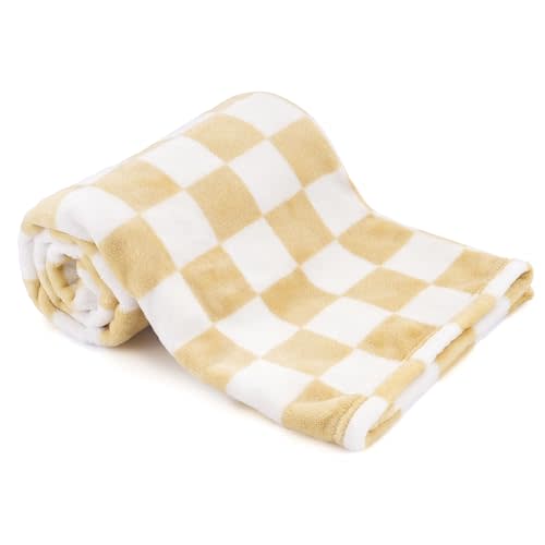 GreatBba Plush Checkered Baby Blanket for Boys Girls Nursery, 30"*40" Warm Short Fleece Blanket Neutral for Infant Newborn, Small Fuzzy for Sleeping, Chenille or Stroller (Sand Yellow&White)