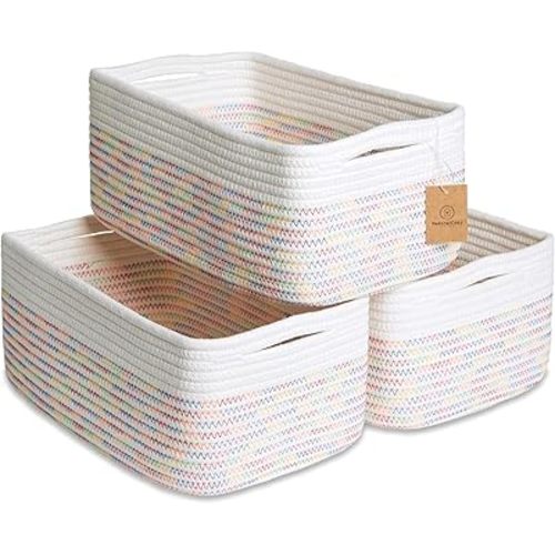 NaturalCozy 13.5”x8.5”x5.5” Rectangle Storage Baskets for Shelves 3 Pack | Cotton Rope Woven Small Baskets for Organizing | Small Storage Bins for Nursery, Bathroom, Closet, Shelf, Decorative