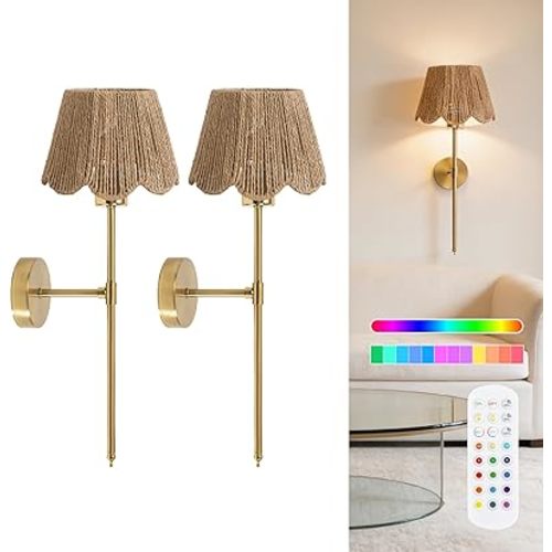 2PC Battery Operated Boho Scalloped Paper Rope-Woven Rattan Wicker Wall Sconce, Stepless Dimming Magnetic Wall Lamp, 5000mAh Rechargeable & Integrated LED, for Nursery Living Room Bedroom