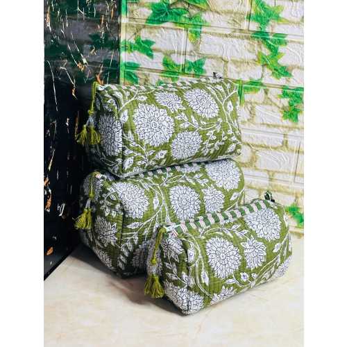 Hand Block Print Toiletry Bag Set: Quilted Cotton, Waterproof Lining