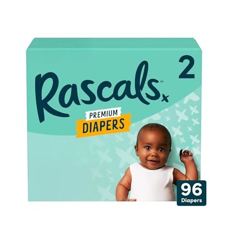Rascals Premium Disposable Baby Diapers Size 2 (96 Count), Absorbent Core, Up to 12 Hours Leak Protection, Gentle on Skin, Secure Fit, Soft Comfort