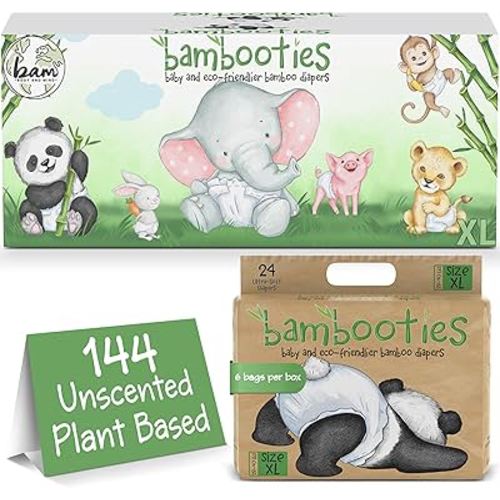 Bambooties Bamboo Baby Diapers, Totally Chlorine Free for Sensitive Skin for Newborns to XXL. Hypoallergenic & Non Toxic Eco Friendlier Plant-Based Materials. TCF XL Size 5 Diapers (144 ct)