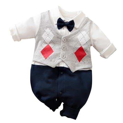 HUAANIUE Newborn Baby Boys Gentleman Romper One Piece Long Sleeve Bowtie Outfit Formal Wear Tuxedo Suit