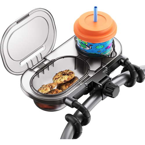 Universal Stroller Snack Tray: Cup Holder Tray with Silicone Flexible Arms Grip Stroller Tray with Dust Cover - Stroller Tray Attachment with Cups Holder for Baby & Toddler Stroller Accessories