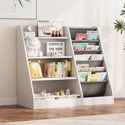 NACHES Montessori Kid Bookshelf White Toddler Bookcase Cabinet Children Book Rack Display Toy Storage Organizer 4 Tier 5 Sling Deep Sleeves Classroom Bedroom Nursery Playroom Wood (White)
