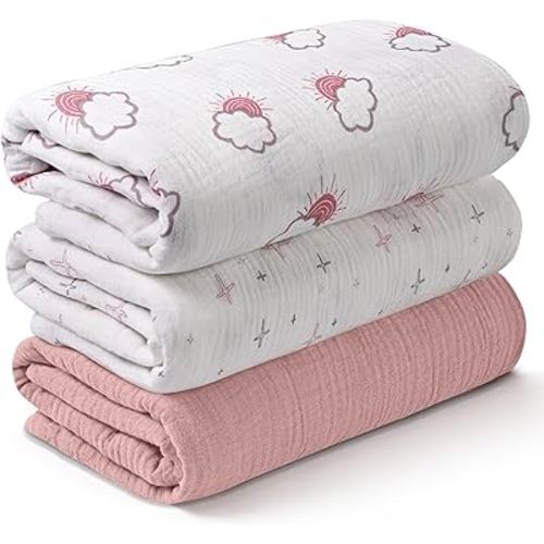 Muslin Swaddle Blankets for Newborn, 3 Pack Breathable Soft Receiving Blanket, Large 38 x 40 inches Swaddle Wrap Burping Clothes Diapers, Essentials Infant Shower Items, Toddler Gift (Clouds & Stars)