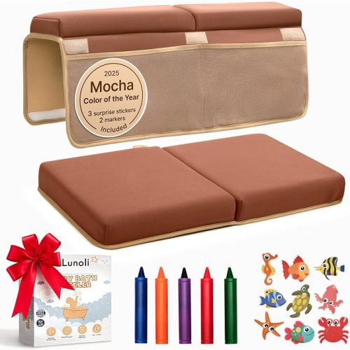 Baby Bath Kneeler and Elbow Rest Pad Set, Mocha Mousse, 1.8 Inch Memory Foam Cushion for Parents, Waterproof Kneeling Pad with 6 Suction Cups, 4 Mesh Pockets, Reusable Markers & Eco Stickers