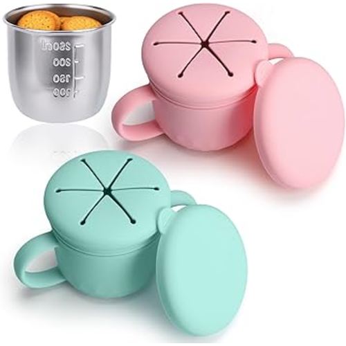Stainless Steel Snack Containers for Kids, Silicone Snack Cups for Toddlers Spill Proof with Lids, 2 Pack Reusable Toddler Snack Containers Gifts for Baby, Kids, Dishwasher Safe