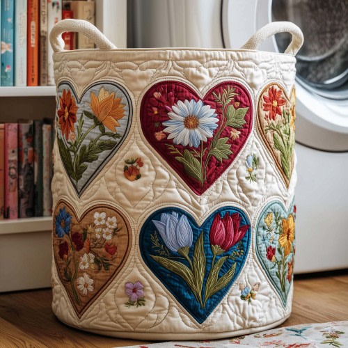 Floral Hearts Quilted Laundry Basket GFTOQM1993
