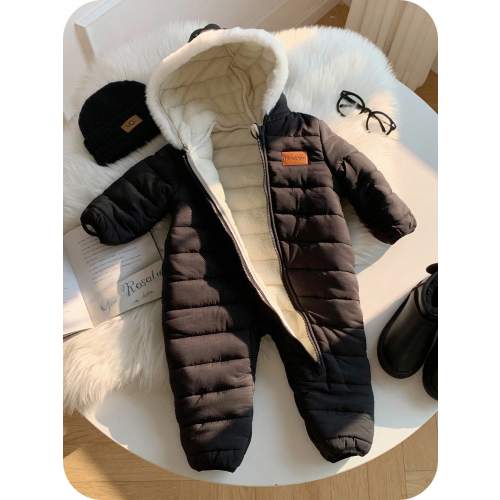 SHEIN Baby Boy Cute Autumn/Winter Thermal Lined Thick Fur Collar Hooded Jumpsuit Ski Suit Unisex Baby Clothes Baby Winter Clothes