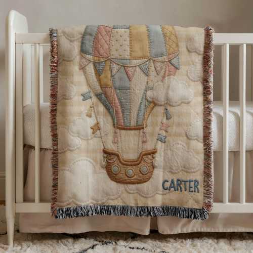 Personalized Woven Baby Name Blanket: Hot Air Balloon, Clouds, Pastel Nursery