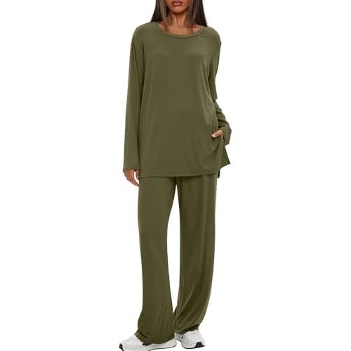 Darong Conjunto de descanso de 2 piezas para mujer, casual, manga larga, cuello redondo, pantalones de pierna ancha, traje de viaje para aeropuerto, conjuntos a juego
