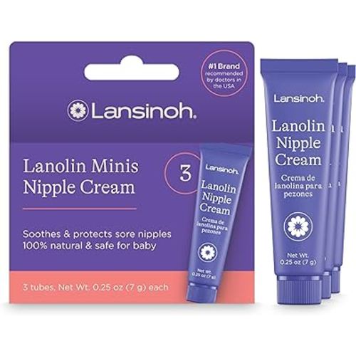 Lansinoh Lanolin Nipple Cream Safe for Breastfeeding Baby, Breastfeeding Essentials, 3 Mini Tubes, Each 0.25 Ounces