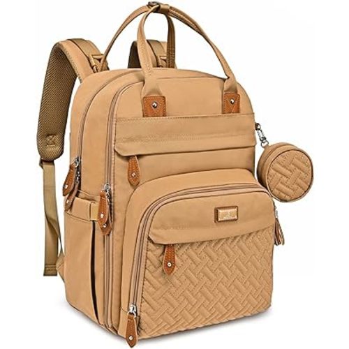 BabbleRoo Diaper Bag Backpack - Baby Essentials Travel Tote - Multi function Water Resistant Diaper Bag, Travel Essentials Baby Bag with Changing Pad, Stroller Straps & Pacifier Case - Unisex, Beige