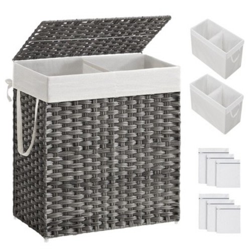 SONGMICS 110L Laundry Hamper with Lid Clothes Hamper with 2 Removable Liner Bags & 6 Mesh Bags Gray