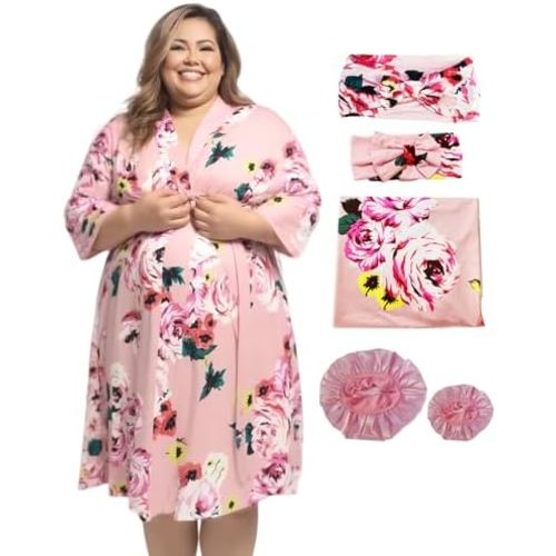 SUFEINI Maternity Robe and Matching Swaddle Blanket Set, Plus Size Women Postpartum Robes Sleepwear New Mommy Gift