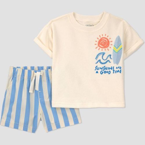 Carter's Just One You® Baby Boys' 2pc Striped Surfboard T-Shirt and Shorts Set - Ivory/Blue 6M