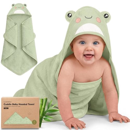 KeaBabies Hooded Baby Towel for Newborn - Viscose Derived from Bamboo Large Baby Bath Towels with Hood for Boys, Girls, Toddler, Extra Absorbent & Soft Newborn Bath Essentials (Frog, Regular)