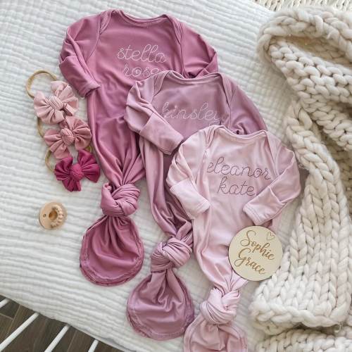 Personalized Stitched Newborn Baby Knot Gown | Perfect Pinks
