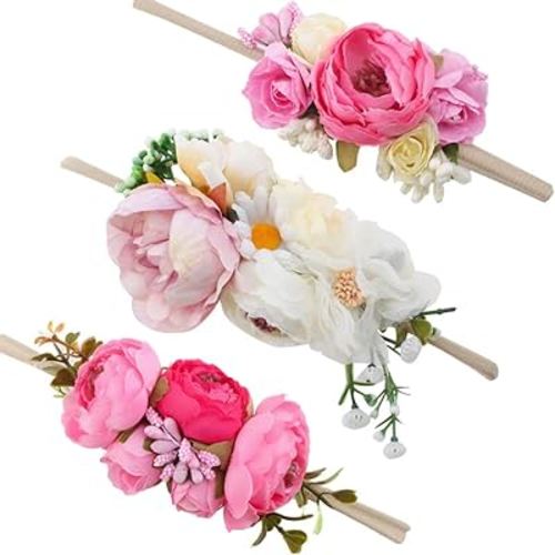 Baby Girl Floral Headbands- 3pcs Nylon Headband Handmade Flower Crown Elastic Hairband Newborn Toddler Hair Accessories Gifts for Girls （1-6 years old）