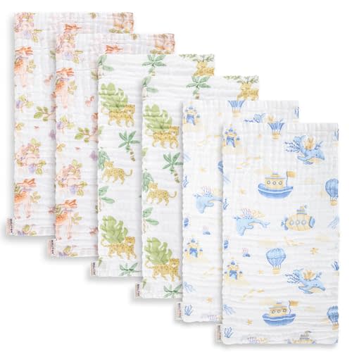 Maliton Muslin Baby Burp Cloths 20" x 10" - Large, 6-Layer, Ultra Absorbent 100% Cotton for Baby Drool & Messes, Soft, Pack of 6, Safe & Gentle Baby Rags for Boys & Girls - Floral