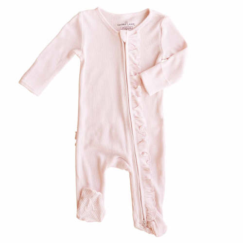 Pearl Pink Bamboo Waffle Ruffle Zipper Footie