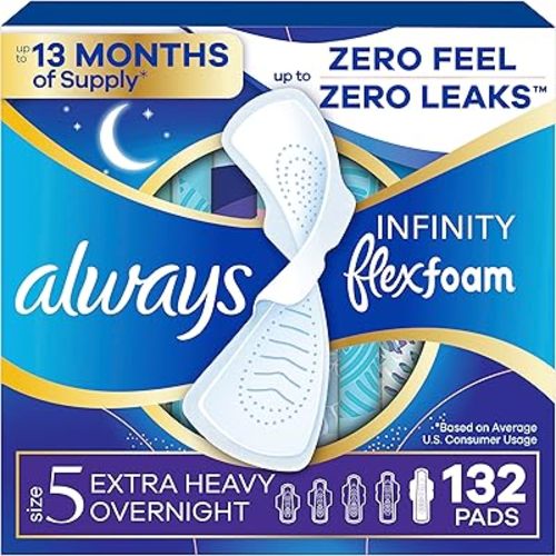 Always Infinity Feminine Pads for Women, Flexfoam Pads with Wings, Size 5, Extra Heavy Overnight Absorbency, Unscented, 132 Count (6 Packs of 22)