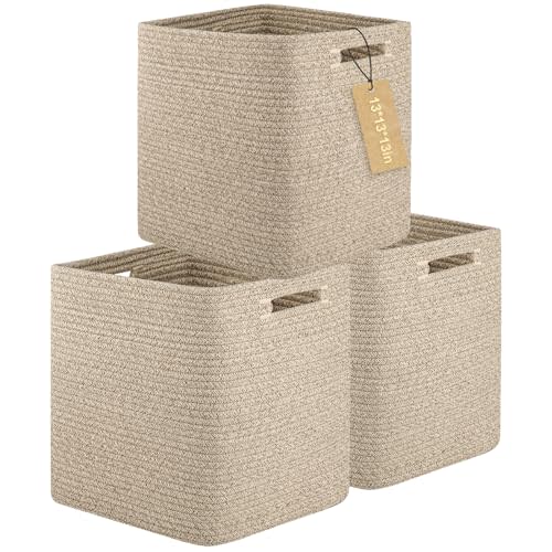 OIAHOMY Storage Cubes, 13 Inch Cube Storage Organizer, Collapsible Storage Bins, Baskets for Organizing, Storage Bins for Shelves-Brown, 3-PACK