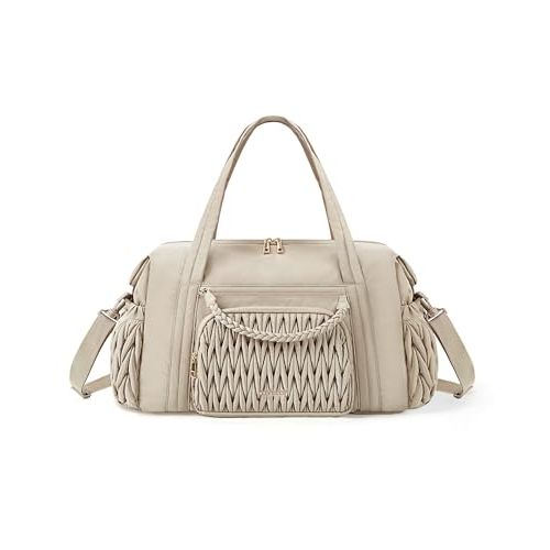 BAGSMART Quilted Duffle Bag for Women, Weekender Overnight Gym Travel Carry-On Bag, Camel