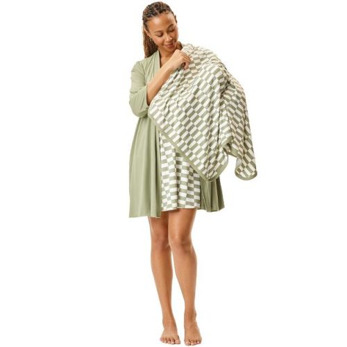 Motherhood Maternity Women's Maternity Robe and Nursing Chemise Sleep Set with Baby Swaddle- Green, Large