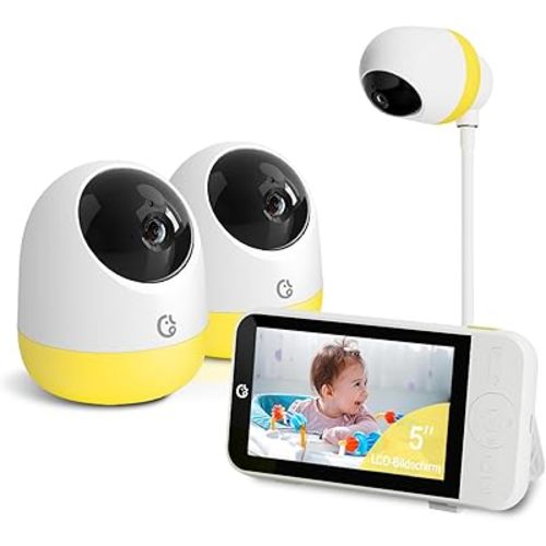 Ellie Pro Baby Monitor with 2 Cameras,5'' IPS 2K UHD Resolution,6000mAh Battery, Remote Pan-Tilt-5X Zoom, 2-Way Talk,No WiFi, Night Vision, Virtual Fence and 1000ft Range