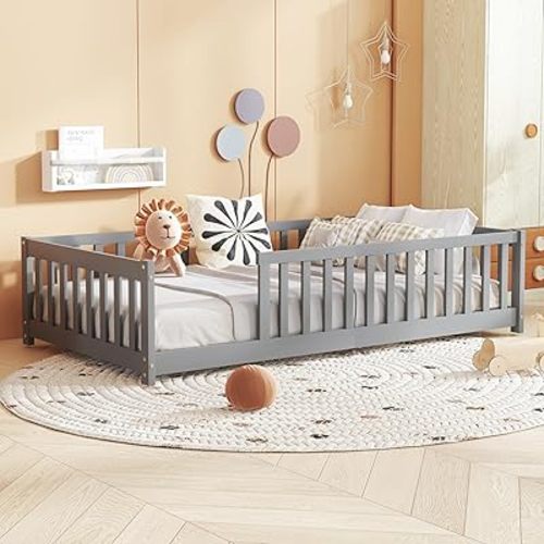 Bellemave Twin Floor Bed with Slats and Guardrails, Wood Montessori Floor Beds with Fence, Easy Assemble Floor Bed for Kids, Girls, Boys, Gary