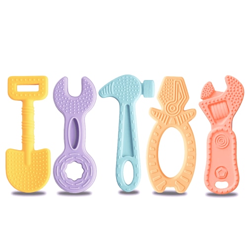 Smasener 5 PCS Baby Teething Toys for 0-6 Months 6-12 Months, Freezer BPA Free Silicone Baby Molar Teether Chew Toys, Hammer Wrench Spanner Pliers Shape Baby Boy Toys,Tool shaped teether sets