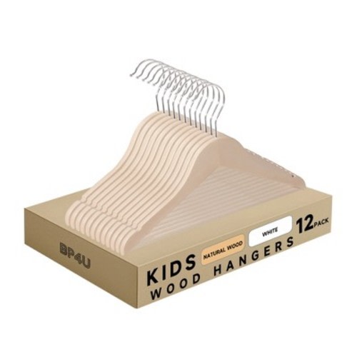 BP4U  12-Pack Kids Wooden Hangers with Pants Bar, Unfinished Ultra-Slim Baby & Toddler Solid Wood Clothes Hangers with 360° Swivel Hook - Natural Wood