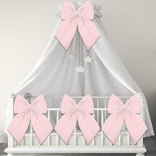Riceshoot 4 Pcs Large Crib Bows 11 x 16 inch Coquette Bow Decorations for Nursery Crib Canopy Bed Large Bow Room Nursery Decor Infant Bassinet Bedroom Decor for Gender Reveal Gifts(Pink)
