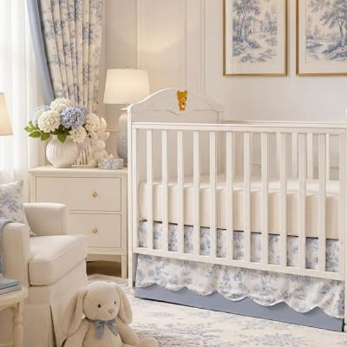 Brandream Scallop Edge Organic Cotton Crib Skirt, Baby Girl, Gender Neutral Crib Skirt Toddler Bedskirt French Country Toile Farmhouse Chic Nursery Crib Bed Skirt 2-Tiered with Solid Blue Skirt