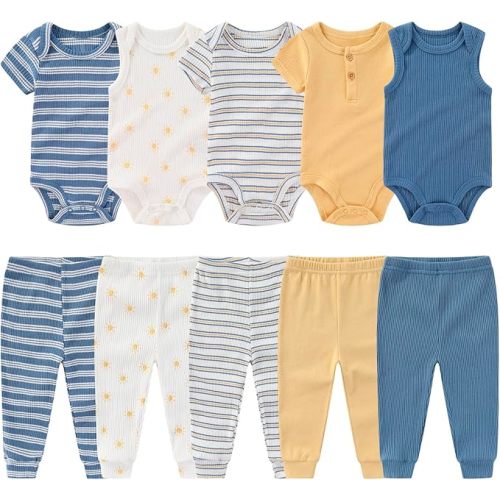 Newborn Baby Layette Gift Set 10-Piece Baby Boy Girl Short Sleeve Bodysuits with Pants Infant Outfit Essentials