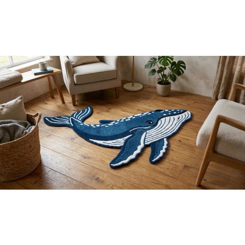 Handmade Blue Whale Shaped Tufted Rug, Ocean Animal Carpet, Kids Room Decor
