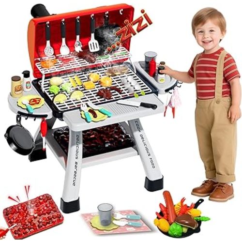 Kids BBQ Grill Playset, Play Kitchen Toys Grill with Smoke Sound Light Simulation Pretend Play Food for Toddlers 3-5 Camping Cooking Set Birthday Gifts Christmas for Grandkids