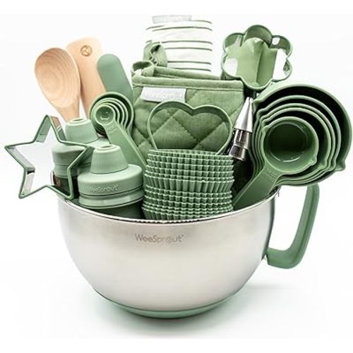 Ultimate Baking Kit for Kids - Kids Baking Set with Child Sized Utensils - Includes Apron, Oven Mitts, Silicone Mats & Liners - Perfect Cooking Set for Ages 6-12 - Gift for Children Green