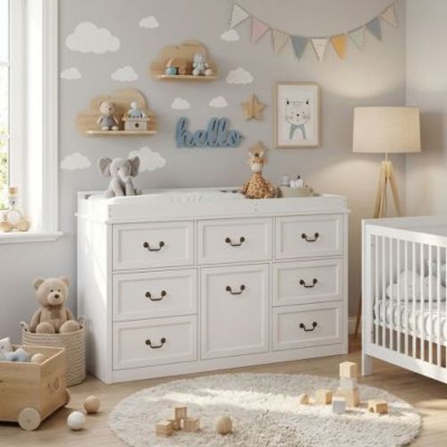 Famapy Solid Wood Baby Changing Table Dresser Chest of 7 Drawers Large Storage Baby Changing Station for Nursery Edge Protection