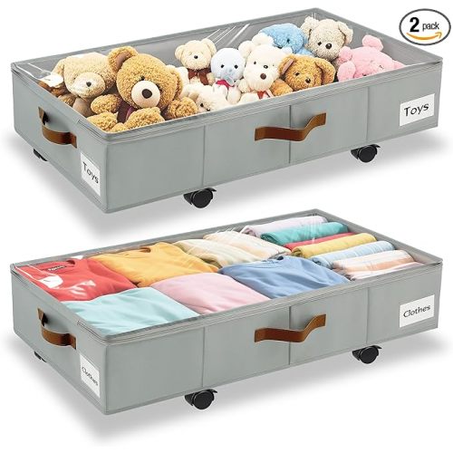 2 Pack Under Bed Storage with Wheels – 30.5×17×5.5 Inch, Underbed Storage with Sturdy Sidewalls/Bottom, Clear Cover, Label and PU Handle, Rolling Under Bed Drawers for Clothes, Shoes, Toys, Blankets