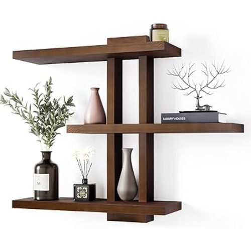 yaqew Variable Wood Floating Shelves Set of 3, Wall Cube Shelves 28.35" Max, Wall Shelves for Living Room Bathroom Bedroom - Light Walnut Color - 28.35" x 23" x 5.9" Max